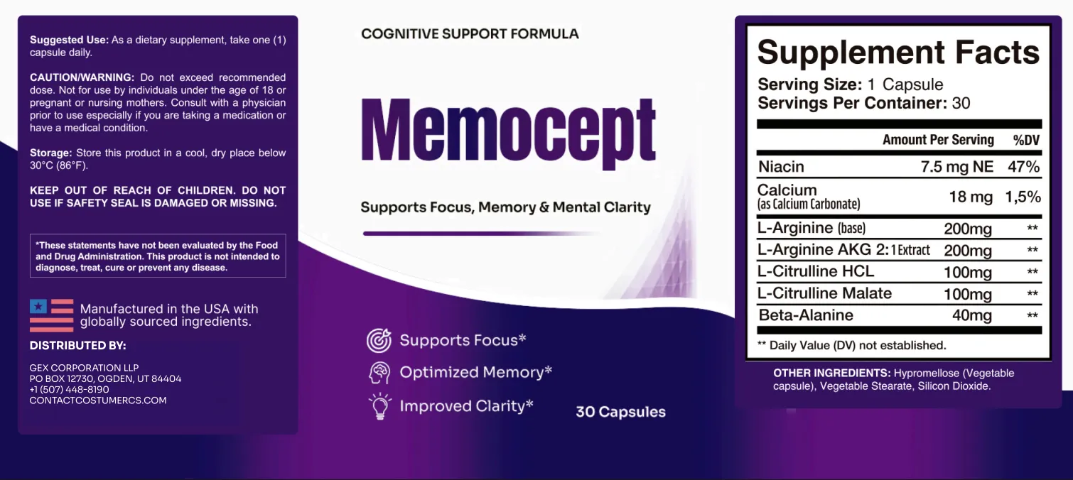 Memocept Supplement Facts label showing all ingredients
